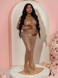 Sparkly Diamond Rhinestone Mesh Slit Long Sleeve Mermaid Sheer Maternity Photoshoot Elegant Baby Shower Party Maxi Dress Maternity