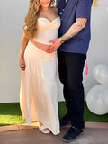 Ivory White Two Piece Set Off Shoulder Ruffle Falbala Bodycon Elegant Maternity Boho Photoshoot Baby Shower Maxi Dress Maternity