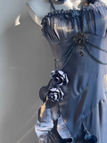 Sheath Spaghetti Straps Floral Blue Long Party Dresses Birthday Outfits With Sleeves SD440