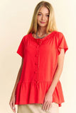 & Dani Solid Lace Trim Neck Short Sleeve Peplum Top DJPT