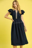 Ruffled Cap Sleeve Midi Dress with Contrast Trim Detail DJPT