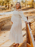 White Ruffle Ruched High Waist Puff Sleeve Cute Photoshoot Maternity Maxi Dress Maternity