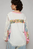Button Detail Floral Patchwork Crochet Sleeve Blouse DJPT