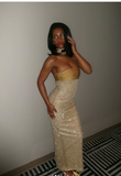 Mermaid Strapless Long Yellow Sequin Satin Party Dresses Prom Dresses SD2042 HZ0628
