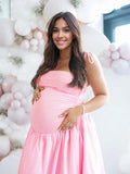 Solid Color Ruched Knotted Adjustable Strap Pockets Big Swing Drop-Waist Puffball Elegant Cocktail Party Gown Maternity Photoshoot Baby Shower Maxi Dress Maternity