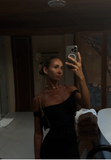 Sheath Off The Shoulder Black Satin Evening Dress Prom Dresses SD1721