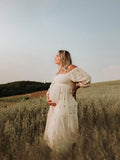Apricot Daisy Print Smocked Off Shoulder Ruffle Big Swing Elegant Vacation Maternity Photoshoot Baby Shower Party Maxi Dress Maternity