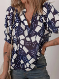 Print Frilled Puff Sleeve V Neck Blouse DJPT