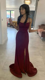 Mermaid Spaghetti Straps Burgundy Long Evening Dress Satin Prom Dresses SD1507 HZ0628