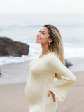 White Knit Pleated Tie Back Ruffle Falbala Frill Hem Backless Big Swing Elegant Cocktail Party Gown Maternity Photoshoot Baby Shower Maxi Dress Maternity
