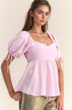 & Dani Solid Elastic Peplum Puffed Sleeves Blouse DJPT