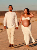 White Cross Chest Bandeau Backless Lace Crop Front Draped 2-in-1 Lace-up Bodycon Baby Shower Maternity Maxi Dress Maternity