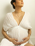 V-Neck Linen Cotton Bohemian Backless Thigh High Side Slits Tassel Vacation Photoshoot Maternity Maxi Dress Maternity