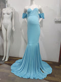 Women's Silk Cotton Pregnant Women Lotus Leaf Sleeves Cross V-Neck Tail Dress Photo Dress 1932 Maternity