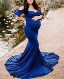 Women's Silk Cotton Pregnant Women Lotus Leaf Sleeves Cross V-Neck Tail Dress Photo Dress 1932 Maternity