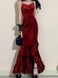 Mermaid Irregular Ruffled Spaghetti Straps Women's Burgundy Birthday Outfits Party Dresses SD458