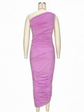 Lavender Ruched One Shoulder Irregular Ruffle Bodycon Elegant Baby Shower Party Maternity Midi Dress Maternity
