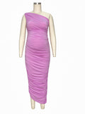 Lavender Ruched One Shoulder Irregular Ruffle Bodycon Elegant Baby Shower Party Maternity Midi Dress Maternity