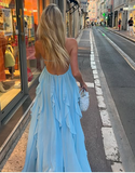 A Line Halter Blue Chiffon Backless Long Evening Dress Prom Dresses SD1660 HZ0628