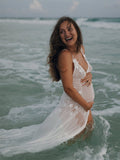 Cut Out Lace Patchwork V-Neck Sheer Side Slit Sleeveless Photoshoot Maternity Maxi Dress Maternity