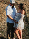 White Lace Off Shoulder Bow Drawstring Ruffle Flare Sleeve Elegant Baby Shower Maternity Mini Dress Maternity