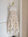 A line Spaghetti Straps White Satin Floral Dinner Party Dresses Birthday Outfits SD385