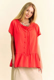 & Dani Solid Lace Trim Neck Short Sleeve Peplum Top DJPT