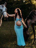 Blue Ruffle Falbala Bow Cut Out Sleeveless Cami Bodycon Maternity Maxi Dress Maternity