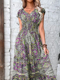 Size Printed V-Neck Short Sleeve Midi Dress DJPT
