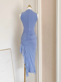 Sheath High Neckline Blue Ruffles Vacation Dresses Short Birthday Outfits SD346