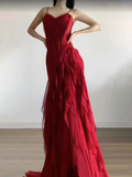 Sheath Spaghetti Straps Burgundy Chiffon Long Ruffles Party Dresses Birthday Dress SD580