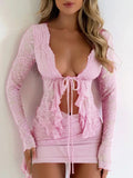Tied Front Ruffled Long Sleeve Lace Shirt DJPT