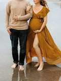 Ginger Yellow Flowy Ruffle Falbala Wrap Side Slit Big Swing Elegant Baby Moon Beach Vacation Gown Boho Maternity Photoshoot Baby Shower Maxi Dress Maternity