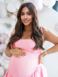 Solid Color Ruched Knotted Adjustable Strap Pockets Big Swing Drop-Waist Puffball Elegant Cocktail Party Gown Maternity Photoshoot Baby Shower Maxi Dress Maternity