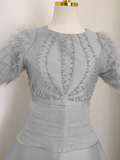 A Line Scoop Neckline Silver Gray Satin Dinner Party Dresses Birthday Outfits SD399