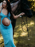 Blue Ruffle Falbala Bow Cut Out Sleeveless Cami Bodycon Maternity Maxi Dress Maternity