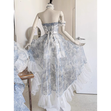 High Low Strapless Floor Length Light Blue Flowers Prom Dresses Birthday Dress SD467