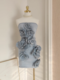 A line Strapless Sleeveless Denim Blue Party Dress Short Holiday Dresses SD341