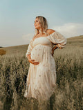 Apricot Daisy Print Smocked Off Shoulder Ruffle Big Swing Elegant Vacation Maternity Photoshoot Baby Shower Party Maxi Dress Maternity