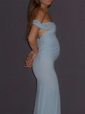 Blue Tank Backless Lace Up Tie Back Sleeveless Cami Mermaid Maternity Maxi Dress Maternity