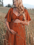 Bow Flutter Sleeve Solid V-neck Flowy Beach Cute Photoshoot Baby Shower Maternity Maxi Dress Maternity