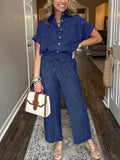 Size Button-Up Shirt and Wide-Leg Pants Set Plus Size DJPT