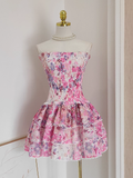 A line Strapless Sleeveless Pink Floral Cocktail Dress Short Birthday Outfits SD388
