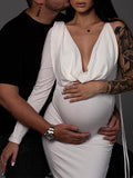 One Sleeve Backless Tie V-neck Bodycon Elegant Evening Photoshoot Gown Baby Shower Maternity Maxi Dress Maternity