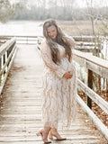 Apricot Sequin Tassel Tulle Ruched Cross Chest Multi Way Tie Back V-neck Elegant Boho Photoshoot Maternity Maxi Dress Maternity