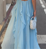 A Line Halter Blue Chiffon Backless Long Evening Dress Prom Dresses SD1660 HZ0628