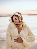 Ivory White Single Breasted Open Front Big Swing Deep V-neck Robe Elegant Wedding Gown Maternity Boho Photoshoot Baby Shower Maxi Dress Maternity