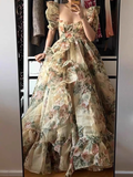 Princess Square Neckline Floral Green Long Ruffles Prom Dresses Birthday Dress SD578 HZ0628