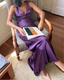 A-Line V Neckline Grape Satin Long Prom Dresses Formal Evening Dress SD1389 HZ0628