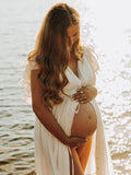 White Deep V Neck Button Down Boho Beach Bikini Cover Up Dress Party Photoshoot Maternity Dress Maternity